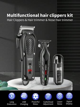 HINEA HIENA 3-In-1 Cordless Hair Clipper Set, Includes 2299 Shaver Blades, 360° Nose Hair Trimmer, And 2 Thinning Scissors, Deluxe Home Grooming Kit, Best Gift For Family And Friends