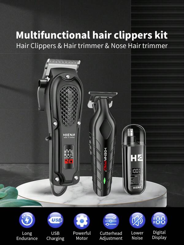 HINEA Ensemble de 3 pièces HIENA pour tondeuse à cheveux sans fil, tondeuse à cheveux pour hommes avec lame identique 2299, taille-nez à 360 degrés sans angle mort, équipé de 2 paires de ciseaux pour éclaircir les cheveux. Un kit de coupe de cheveux à domicile raffiné, le meilleur cadeau pour les amis et la famille.