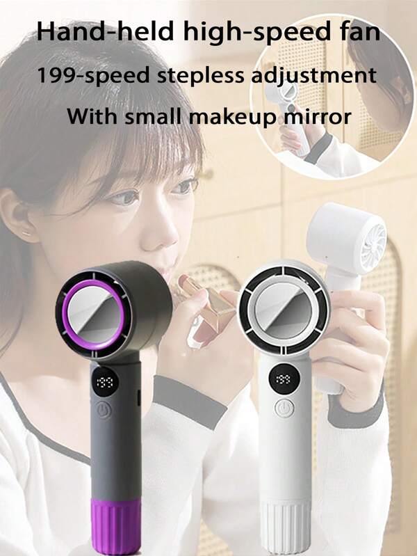 Nouveau ventilateur portable à main, mini ventilateur de bureau pliable, réglage sans palier de 199 vitesses, avec miroir de maquillage, silencieux haute vitesse, convient pour les dortoirs, la maison, le bureau, l'extérieur et plus encore
