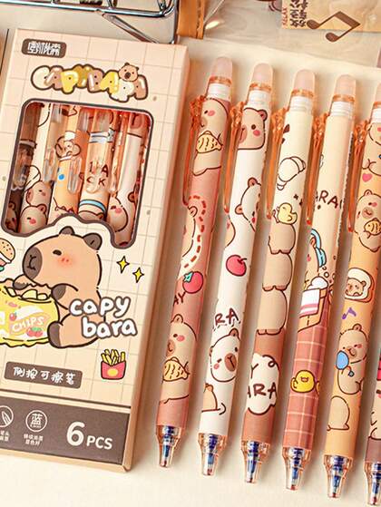 1pc/6pcs/12pcs Cute Capybara Erasable Neutral Pen, Erasable Retractable Ballpoint Pen (6pcs/Box), Creative Student Drawing Stationery, Office/School Supplies, Birthday, Holiday, Party Gifts, Cute Stationery, Stocking Filler School Decor School Surprise Dormitory Decor Back To School Home Decor Room Decor