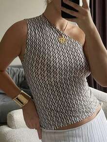 Women's One Shoulder Tops Slim Flower Print Slash Neck Backless Sleeveless Crop Shirt For Summer - Dark Brown - View 1