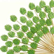 20/50/100/200pcs Monstera Leaf Design Fruit Picks, Party Decor Toothpicks, Hawaiian Bamboo Sticks, Suitable For Fruit, Dessert, Fruit Bowl Decor, Outdoor BBQ