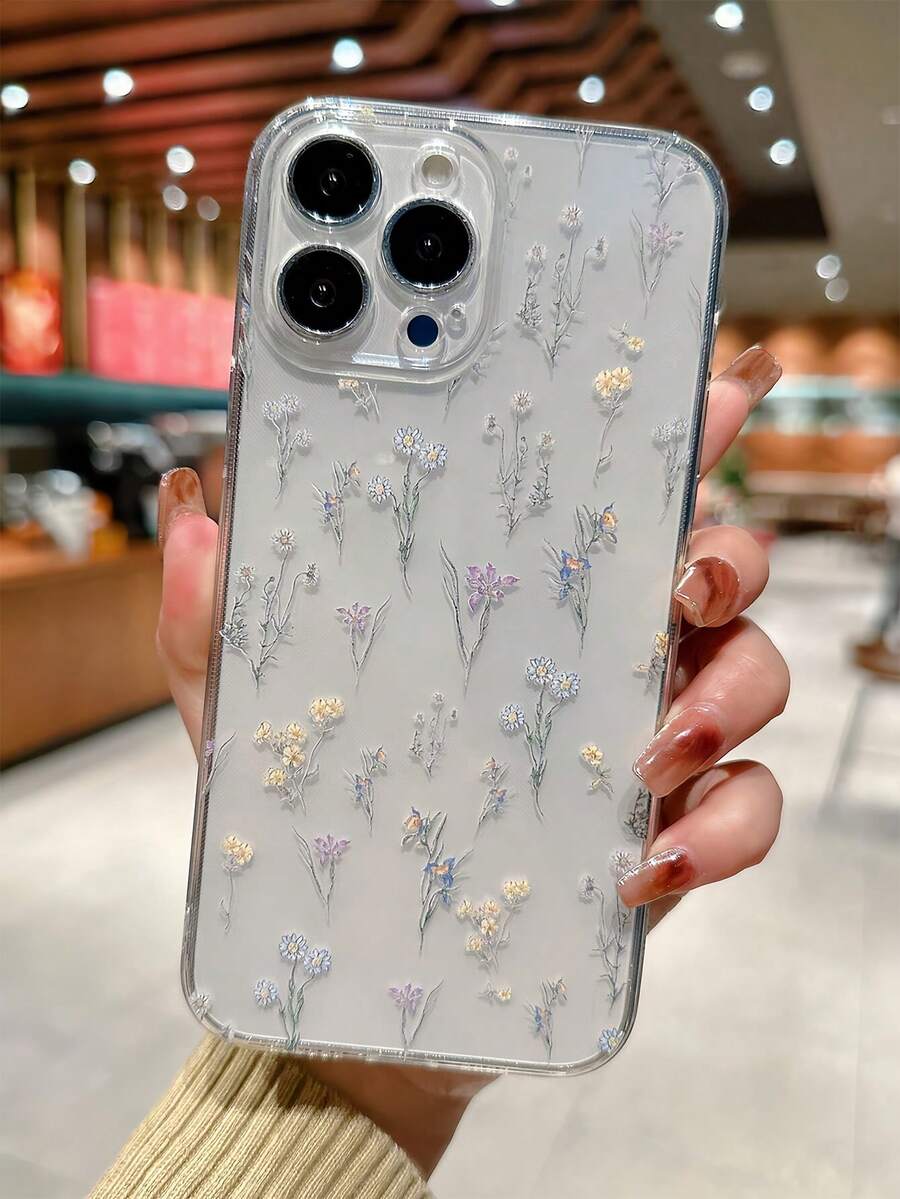 Flower 1pc Transparent Purple & Yellow Ditsy Floral Pattern Full Body Shockproof Phone Case Compatible With IPhone 16 15 14 13 12 11 Pro Max And Series