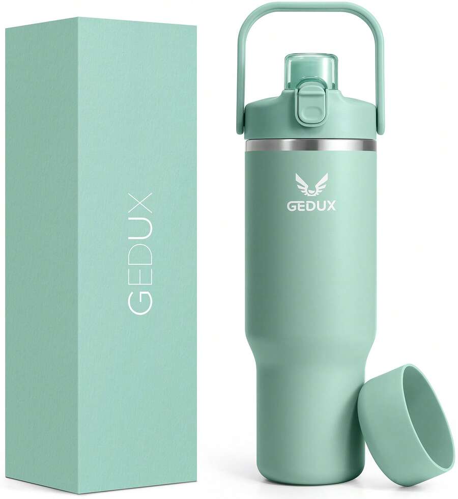 UKEIN 40 Oz Stainless Steel Tumbler With Handle And Straw, Vacuum Insulated Water Bottle With 2-In-1 Lid (Chug/Straw) And Silicone Boot - 綠色 - 查看 1