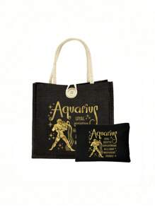 Geantă tote cu model de constelație aurie și geantă mică cu model de constelație, geantă tote neagră din in