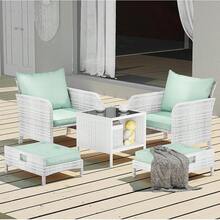 Balcony Furniture 5 Piece Patio Conversation Set, PE Wicker Rattan Outdoor Lounge Chairs With Soft Cushions 2 Ottoman&Glass Table For Porch, Lawn-Brown Wicker - 灰色/淺薄荷色 - 查看 4