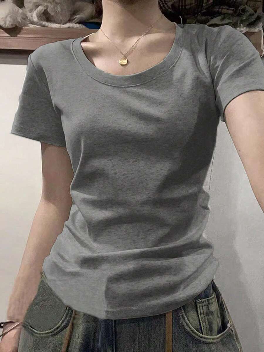 女士夏季纯色圆领短袖休闲 T 恤 - 深灰色 - 查看 1