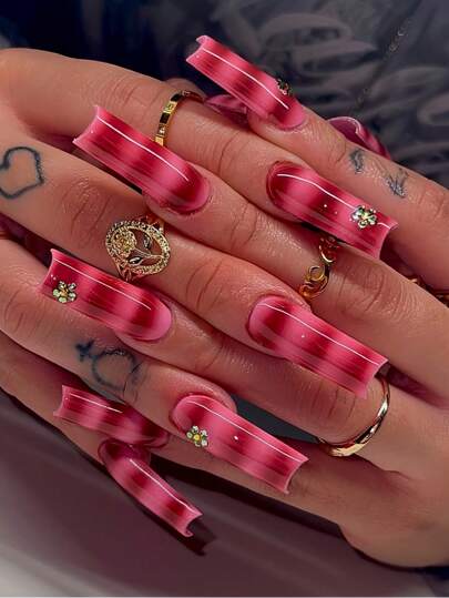 24 uñas postizas largas y cuadradas - Degradado de rojo a rosa con efecto de ojo de gato y diseño de ondas 3D con Charm de flores de strass - Uñas falsas con pegamento de gelatina y lima de uñas, puntas de uñas utilizables