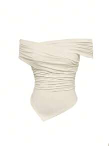 Women's Elegant Solid Color Ruched Bardot Top, Summer