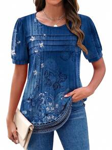 Womens Short Sleeve Tops Floral Boho Shirts Pleated Crewneck Summer Outfit Puff Sleeve Blouses Casual Tunic - 藍色 - 查看 5
