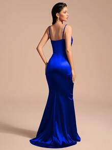 Romantica V-Neck Satin High Slit Bodycon Strap Cocktail Party Dress - Royal Blue - View 6