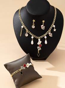 Juego de joyas elegante y lujoso con diseño de naipes que incluye aretes, pulsera y collar, perfecto para mujeres en citas, vacaciones, fiestas y como regalo