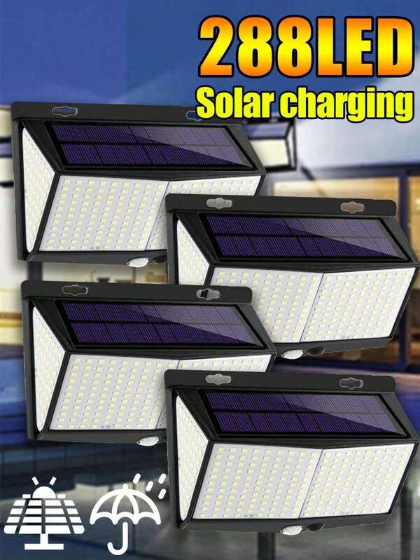 1/2/4/6 PIEZAS Luz solar exterior de 18650-1500mAh 288 LED, Luz solar exterior, Luz solar LED, Luz de pared solar para jardín de múltiples modos, Luz de valla, Luz de patio, Luz de pared solar, Luces de patio populares de 288 LED, Luces de calle exteriores, Luces de paisaje, Luces de detección de movimiento humano