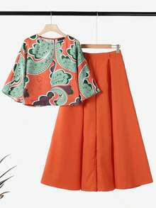 ZANZEA Elegant Women Floral Printed 3/4 Flare Sleeve Tops T Shirt Wide-Leg Long Pants Palazzo Trousers Summer Holiday Casual 2pcs Sets Outfits - 橘色 - 查看 3