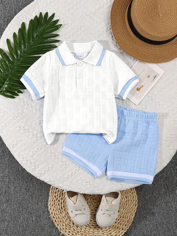 Set de 2 piezas Outfit casual de verano para niño bebé con polo y pantalón corto en unicolor con jacquard