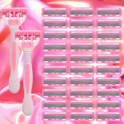 2 Handles + 36 Blades/Pink Women Universal, Manual 6 Layer Shaver, Stainless Steel Blades, Anti-Scratch, Home Grooming & Beauty Tool