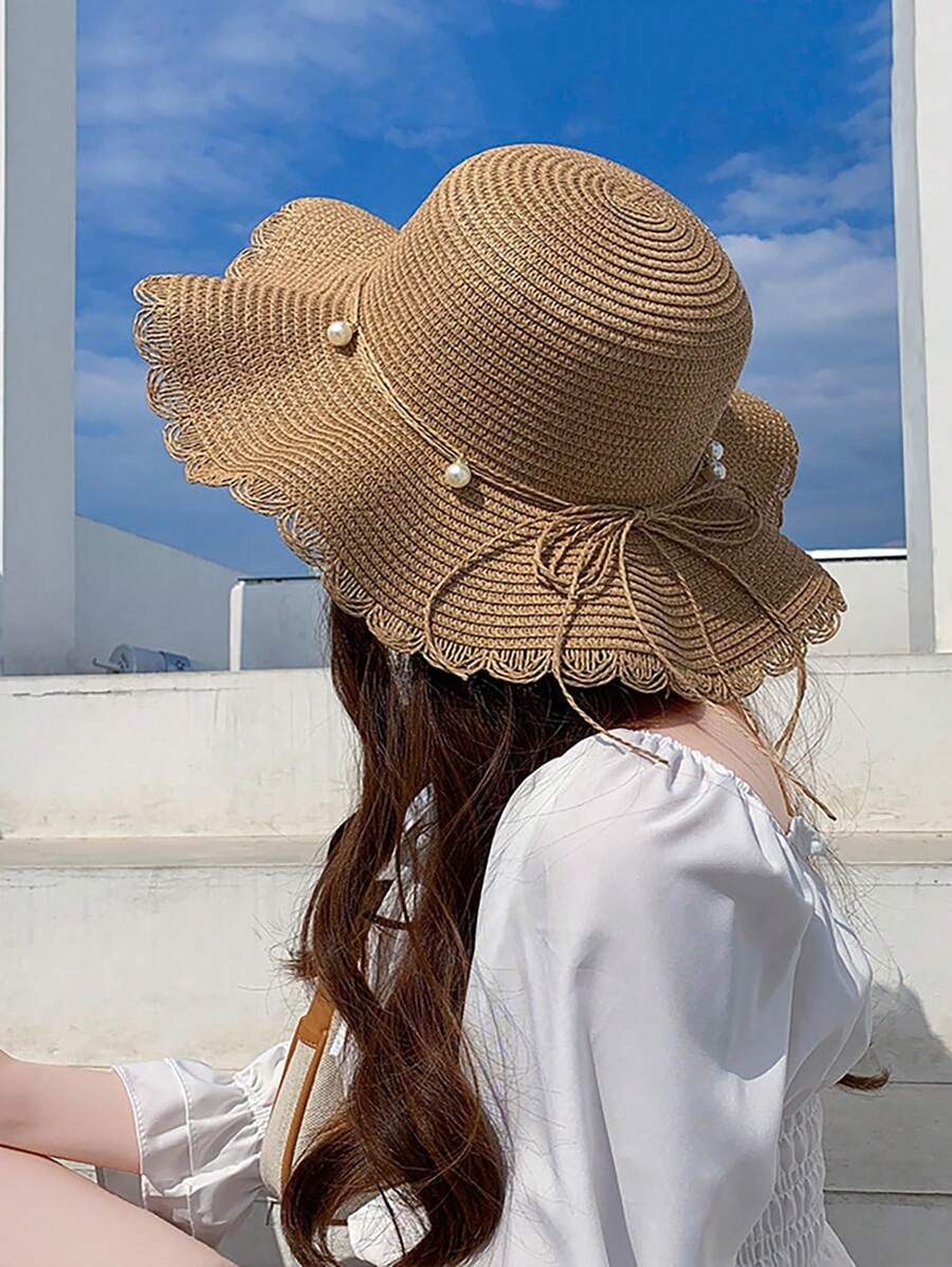 Sombrero de paja con ala ondulada, sombrero de sol de verano de moda con lazo decorativo, ala ancha para playa y vacaciones, para mujer