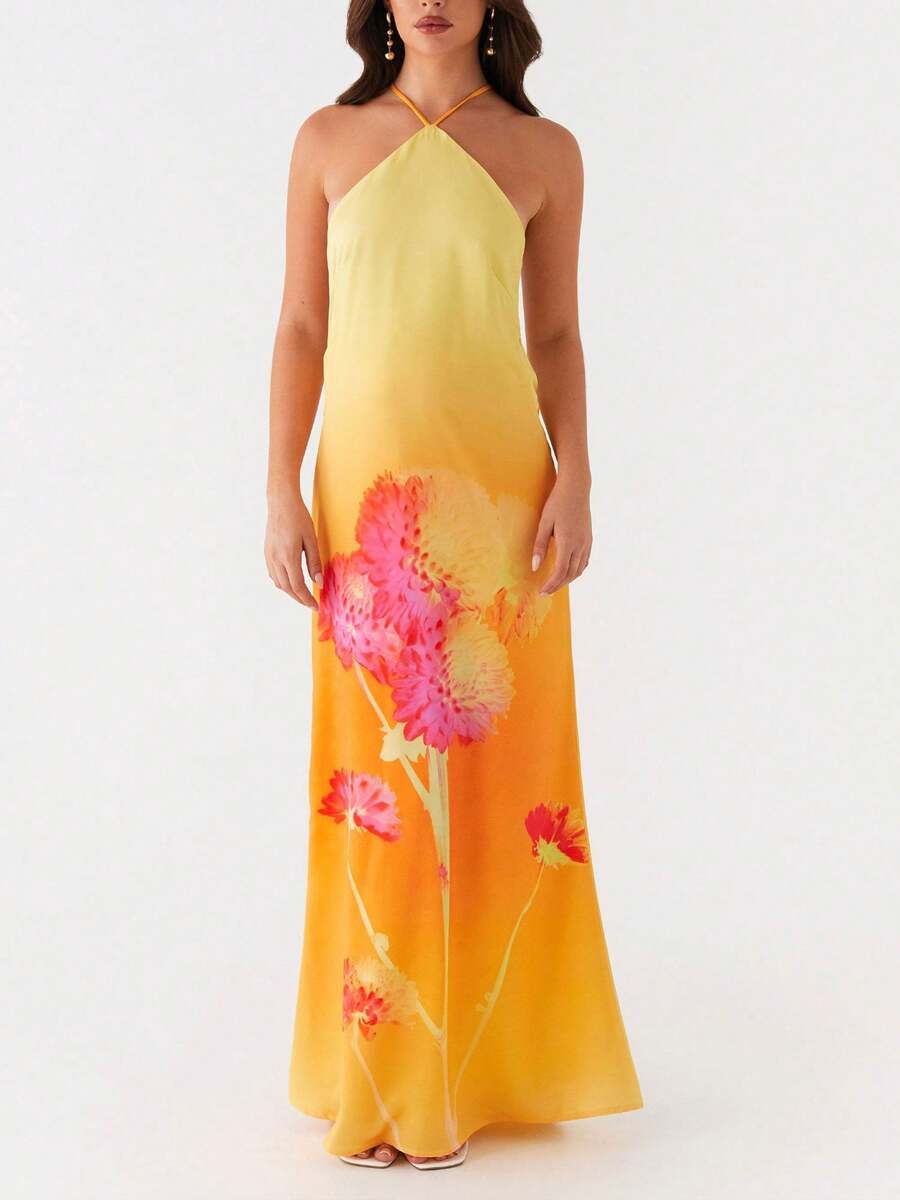 Women's Summer Dresses Halter Neck Sleeveless Backless Flowy A Line Boho Maxi Dress - Vàng nhạt - Xem 1