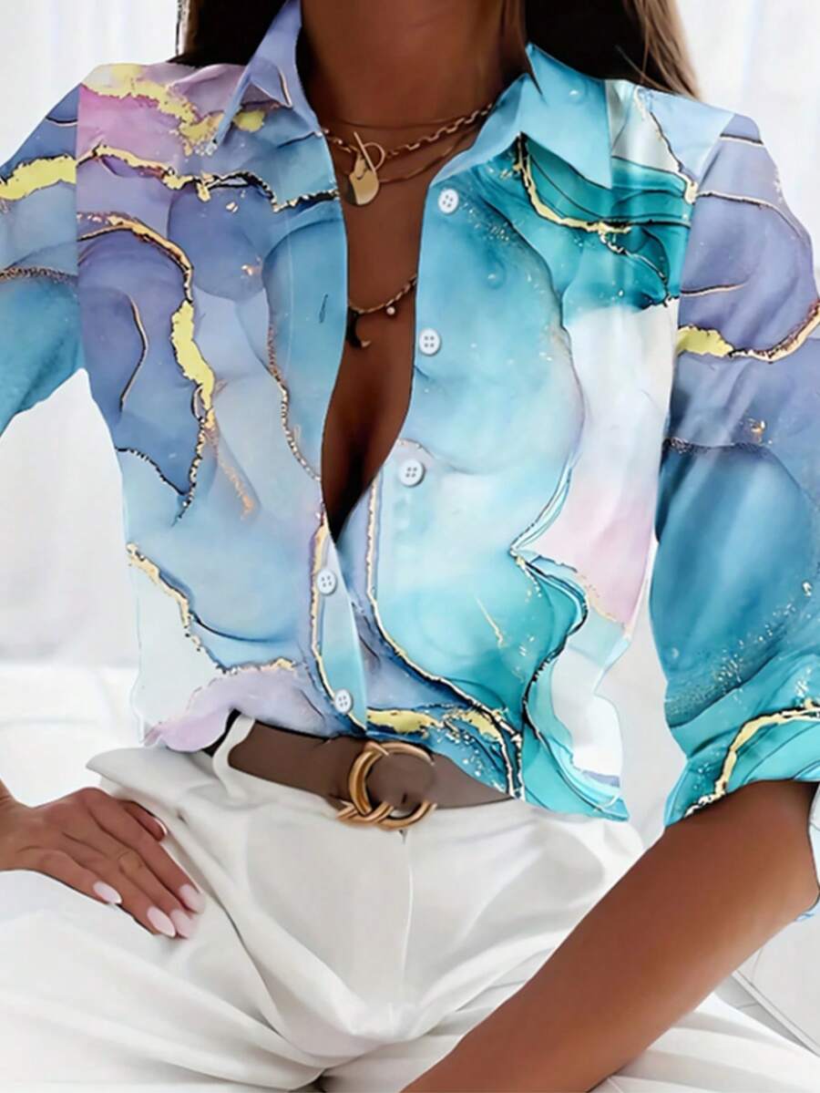 Elegant, Casual, Everyday Full Body Print Polyester Button Front Blouse, Suitable For Office, Holiday, Leisure, Spring/Summer - Multicolor - View 1