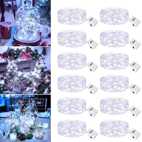 12 PCS LED Light String, LED Fairy Lights - 7ft 20 Led Twinkle Light String 3 Speed Modes, Battery Powered String LightsWaterproof Silver Wire Firefly Starry Moon Lights For Christmas Mason Jars Party, Wedding, Party, Bedroom Yard, Christmas, Valentine's, Day Flower, DIY
