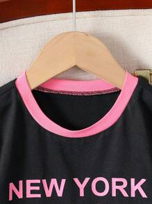 Set de 2 piezas de ropa casual de verano para niñas - Camiseta de manga corta con estampado de dígitos y pantalones de estar por casa de color contrastante
