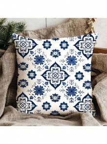New Explosive Retro Blue And White Porcelain Printed Pattern Polyester Short Plush Home Decoration Sofa Cushion Cover 4 (No Pillow Core)