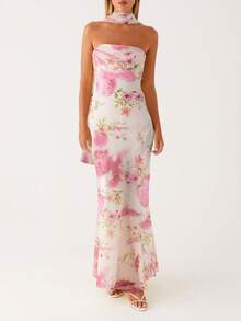 Women Y2k Floral Strapless Maxi Dress Boho Off Shoulder Sleeveless Bodycon Long Dress Summer Backless Tulle Tube Dress With Scarf - 紅白色 - 查看 1