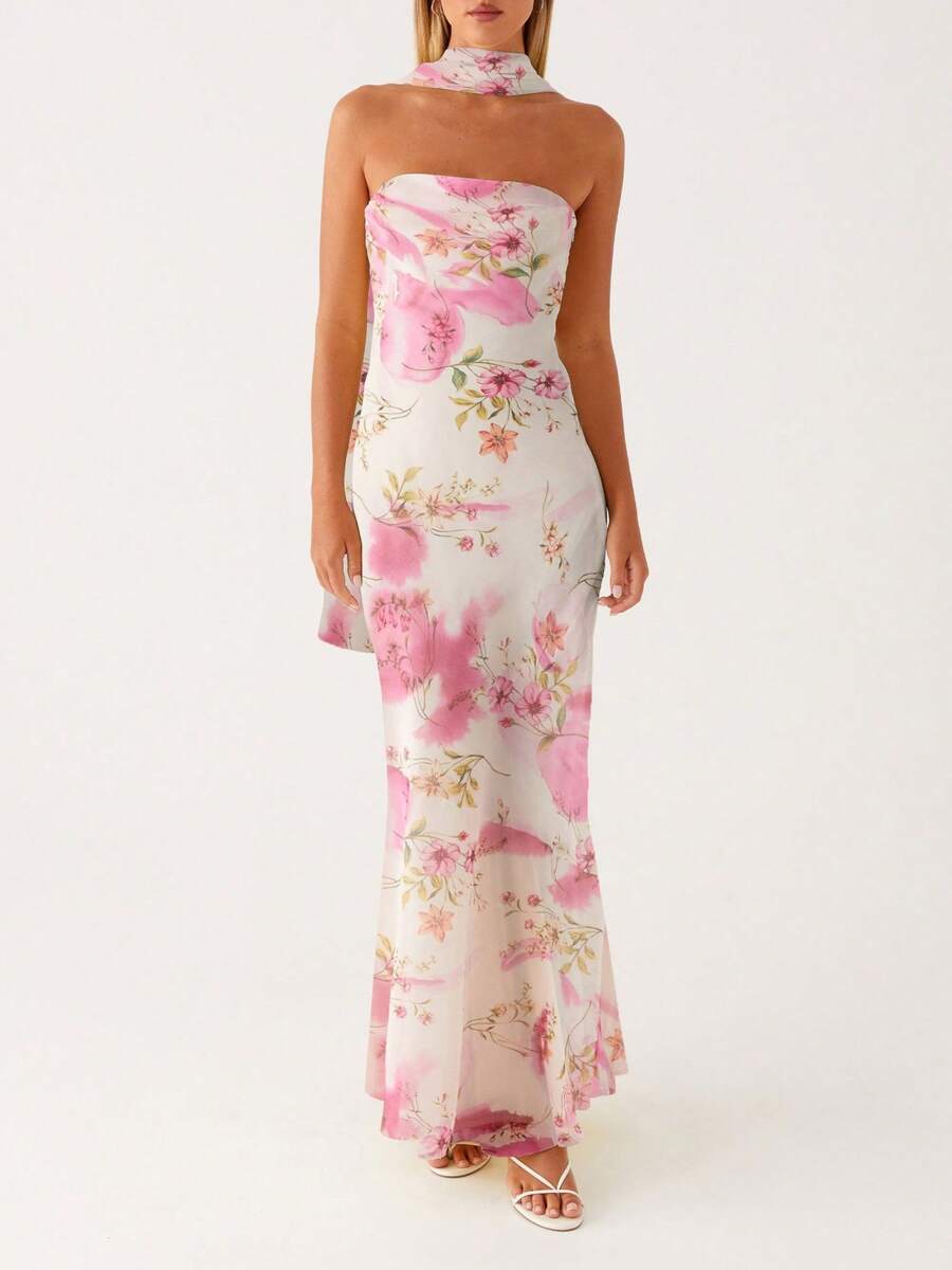 Women Y2k Floral Strapless Maxi Dress Boho Off Shoulder Sleeveless Bodycon Long Dress Summer Backless Tulle Tube Dress With Scarf - 紅白色 - 查看 1