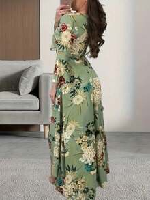 Plus Size Elegant Floral Print Tie-Waist Wrap Dress, Summer - Green - View 3