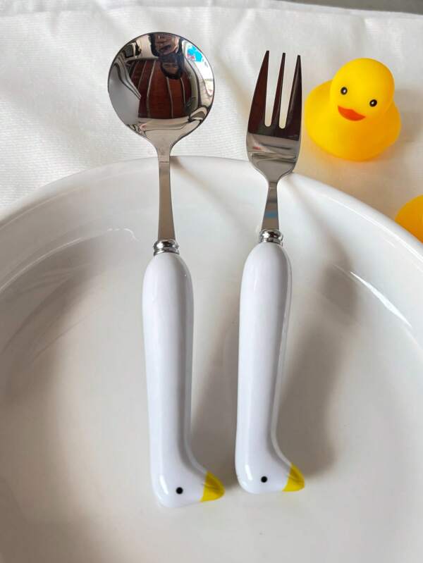 2pcs Stainless Steel Cartoon Ceramic Handle Goose Tableware, Goose Ceramic Handle Tableware With Colorful Ceramic Handle - Cute Cat Paw Design Dessert Spoon, Cake And Mooncake Fork, Portable Cutlery Suitable For Outings, Parties, Picnics, Home Use,School Supplies