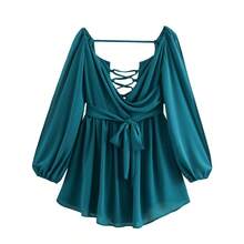 New Fashion V-Neck Solid Color Elegant Pleated Dress For Women Spring Party - Teal Blue - View 6