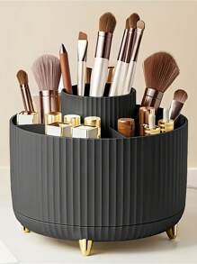1pc 360° Rotating Cosmetic Storage Box - 1 Piece Plastic Makeup Organizer With 5 Compartments, Suitable For Brushes, Lipsticks, Skin Care Products And Stationery - Odorless Desktop Storage Box, Luxury Striped Design Home Bathroom Decor Bathroom Accessories Bathroom Organizer Summer Back To School