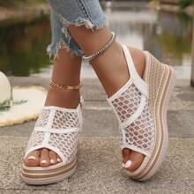 Sandales compensées sexy ajourées pour femmes, imprimé floral bohème de vacances, pour la plage/extérieur, l'été, semelle épaisse, respirant en dentelle et résille