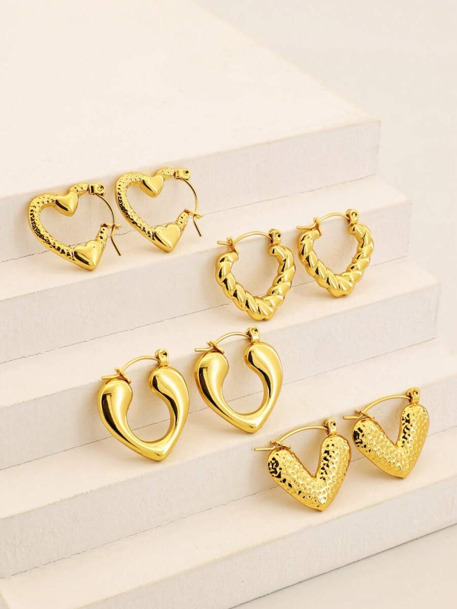 8-Piece Medieval Style Gold Hammered Texture Hollow Heart Earrings And Hoop Set - Multiple Styles - View 1