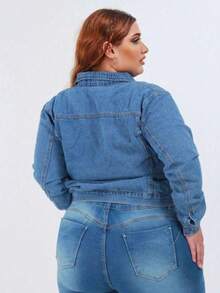 WOMEN'S CASUAL PLUS SIZE JEANS JACKET - Medium Wash - View 2