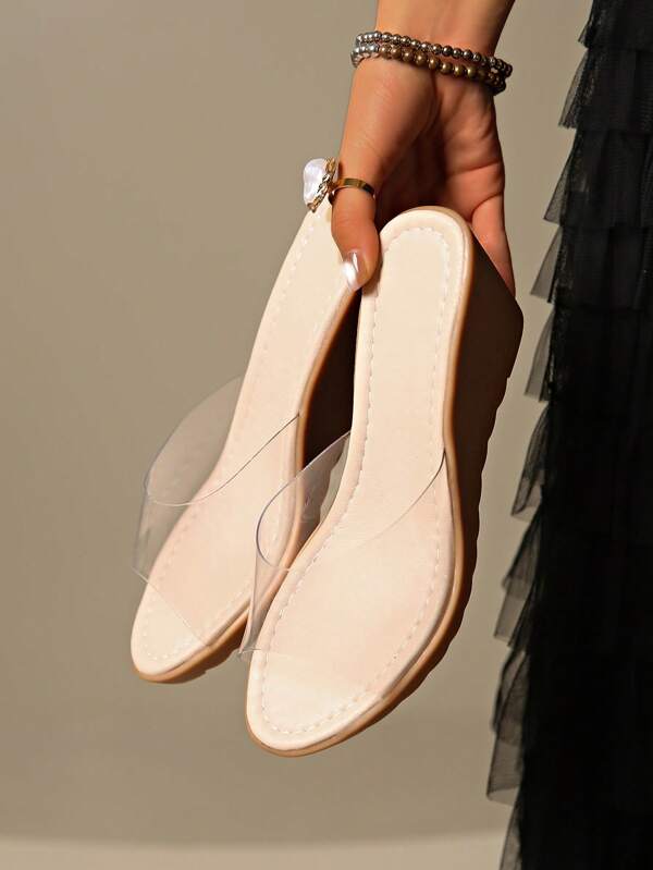 Sandales à talons compensés en matériau PU transparent pour femmes, style minimaliste pour la plage, les fêtes et les sorties