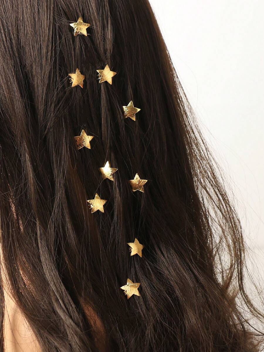 10pcs Star Shaped Braided Hair Clips, Metallic Textured Beaded Hair Clips, Stylish Hair Accessories Claw Clips Hair Claws Hair Barrettes, School Stuff, New Years, Set - Gold - View 1