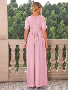 Joyfunear Vestido elegante de unicolor con abertura alta para mujeres embarazadas, vestido de maternidad de verano - Rosa - Ver 2