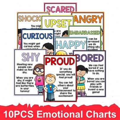 Lachilly 10张情绪意识海报 - 情绪管理学习图表，教室装饰，儿童学习玩具，教育学习海报，教室墙面装饰，学校用品