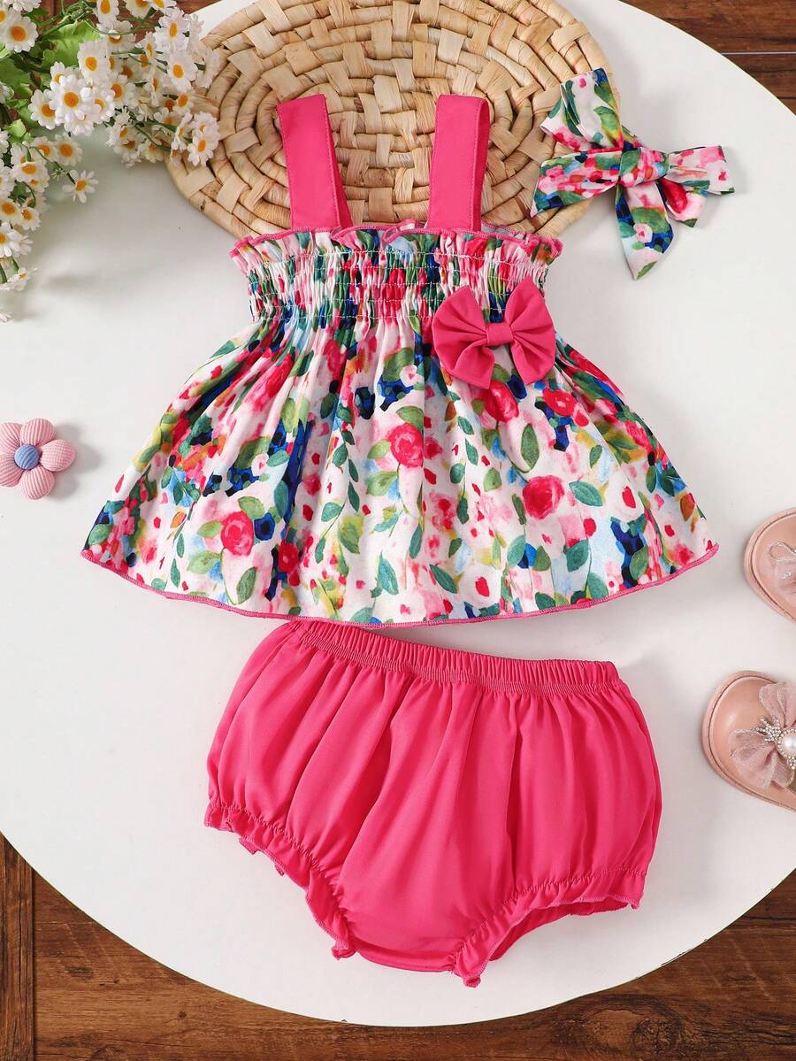 3pcs Baby Girls' Vacation Outfit Set: Ruffle Strap Printed Top, Shorts & Headband - Hot Pink - View 1