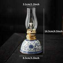 1pc Ceramic Blue And White Porcelain Floral Oil Lamp With Lamp Shade, Adjustable Wick, Suitable For Camping, Home Use, Festivals Like Christmas, Easter, Ramadan, Valentine's Day, Gift