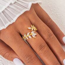 9pcs Set Chic & Elegant Copper Electroplate 18K Gold Plated Cubic Zirconia Heart Leaf & Geometric Stacking Rings, Knuckle Rings & Midi Rings For Women, Great Gift - Yellow Gold - View 12