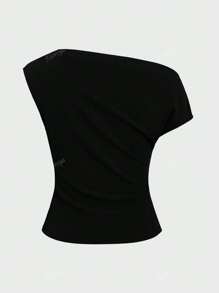 Elegant Basic Casual Peculiar Gorgeous Asymmetrical Neck Crop Top For Women, Minimalist Sexy Oblique Shoulder Fitted Short Midriff-Baring Top, Sweet Sexy
