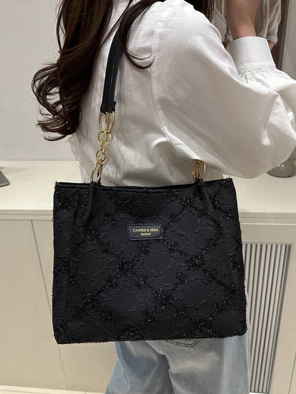 Fashionable Striped Handbag - Women's Large Capacity Shoulder Bag - Zipper Tote Bag For Daily Use - Metal Chain Strap Tote