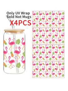 4pcs/Set UV DTF Transfer Stickers, Flamingo & Pineapple Pattern Design Decals, DIY Waterproof Transfer Stickers For Cups, Mugs, Glass, High Quality, Waterproof & Scratch-Resistant