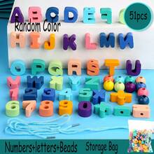 蒙特梭利木制串珠玩具 儿童DIY木珠 卡通动物水果字母数字串珠 穿珠玩具礼物 颜色随机 - 彩色 - 查看 8