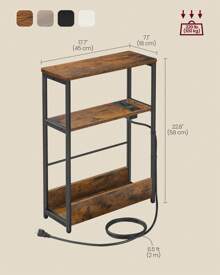 Side Table With Charging Station, Narrow End Table, 3-Tier Nightstand, Sofa Table For Small Spaces, Magazine Rack, For Living Room, Bedroom, Study, Rustic Brown, Ink Black, ULET335K01