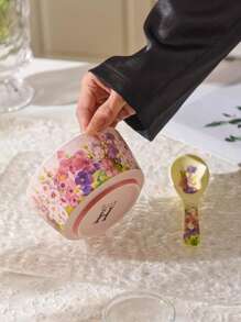 1pc 4.5 Inch Ceramic Bowl, Gorgeous Floral Glazed Design, INS Style Tableware, High Foot Rice/Soup Bowl,School Supplies