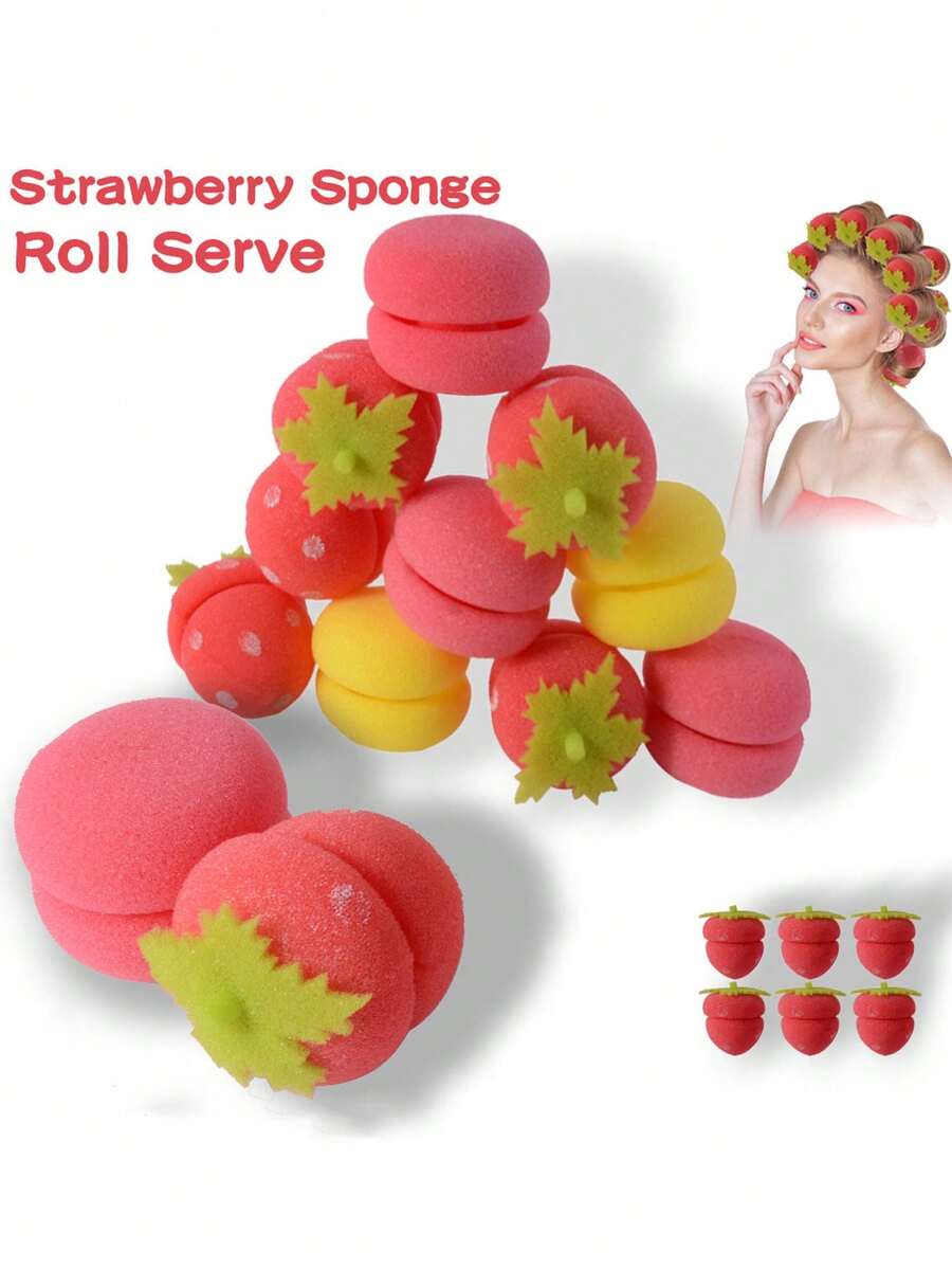 6个草莓造型免加热卷发器，柔软钟形卷发海绵卷发器，睡眠不伤发，草莓造型魔法卷发器，草莓造型卷发器，草莓造型工具，草莓隔夜卷发，长短发免加热卷发器，返校季，旅行度假必备，女士适用，卷发器，卷发棒，免加热卷发，免加热卷发，卷发器，卷发棒，卷发器，卷发工具，卷发棒，卷发器，卷发扩散器，理发配件，理发店，美发设备