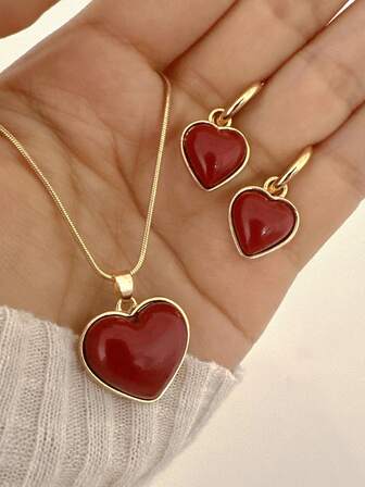 3 Peças Conjunto de Joias Elegante e da Moda, Colar com Pingente de Coração Vermelho e Brincos 2 em 1, Adequado para Uso Diário, Férias, Festa, Encontro, Presente de Dia das Mães, Dia dos Namorados